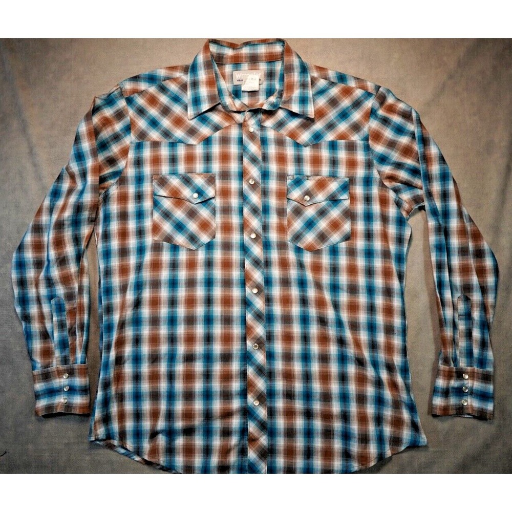 VTG Wrangler Rancher Shirt Mens Large Blue Plaid Pearl Snap Western Cowboy